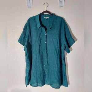 EILEEN FISHER Teal Organic Linen Casual Short Sleeve Button Up Shirt WM Size 2X